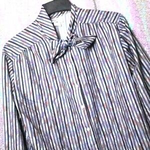 VINTAGE PINSTRIPE BLOUSE 18 Cape Cod 90s Scarf Tie Neck Blue Black Office Work